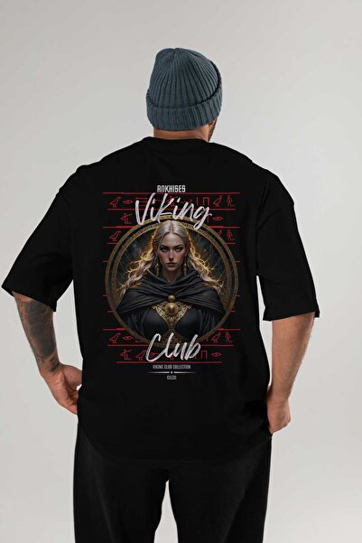 Ankhises Tricou Viking Mythology 4 cu imprimeu pe spate, negru, supradimensio...