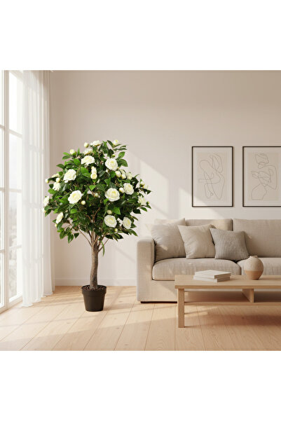 Roots Furniture شجرة كاميليا اصطناعية باللون الأبيض الكريمي بطول 130 سم