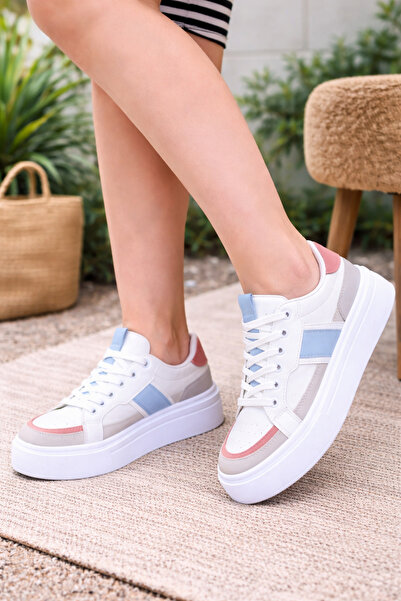 Emax Women's White Thick Sole Sneaker Casual Sports Shoes Lace-Up Pastel Deta...