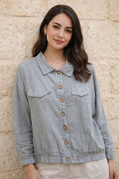 AGORATEKSTİL Women's 100% Cotton Fabric Shirt with Cuffed Sleeves