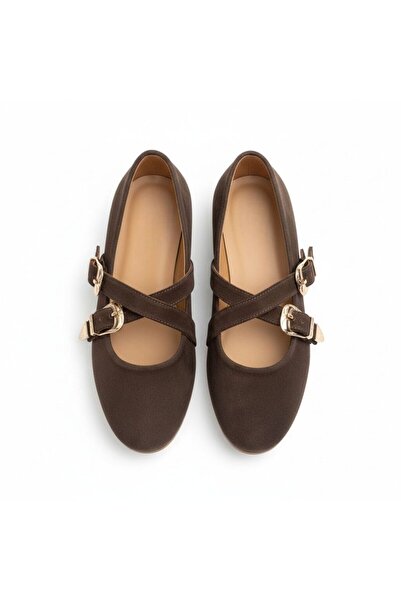 NE&VE SHOES Brown Suede Genuine Leather Women's Round Toe Ballerinas with Cro...