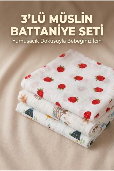 YUNUSOĞLU HOME 3’lü Müslin Kumaş Bebek Battaniyesi Modern Desenli Günlük Kull...