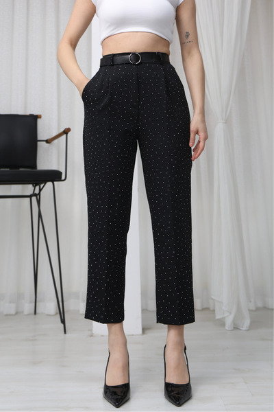 macharel jeans Women's Slim-Fit Pleated Belted Seasonal Fabric Pants with Bla...