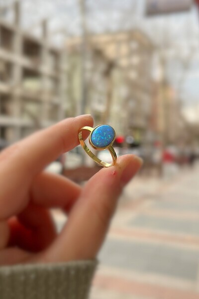 Erer Gümüş Gümüş mavi opal taşlı altın kaplama yüzük