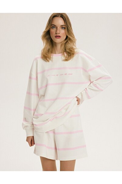 ESOTIQ BLOOVII Women's Crewneck Sweatshirt Striped with Subtle Embroidered Te...