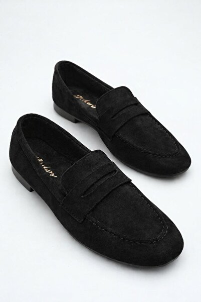 LDR Women's Loafer Flat Sole Moccasin Black Suede Shoes