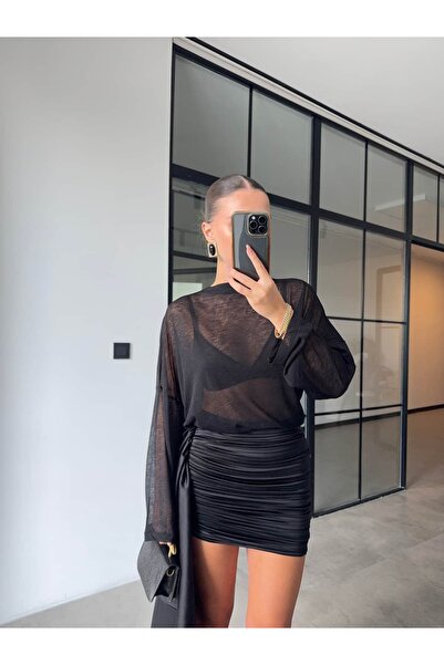 BB Bensu Buyruk Stand Collar Oversize Transparent Blouse Black