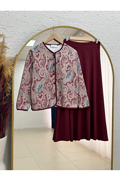 MİHRA STORE Sürhan Jacket Ethnic Patterned Skirted Skuba Set-Mf247 Claret Red