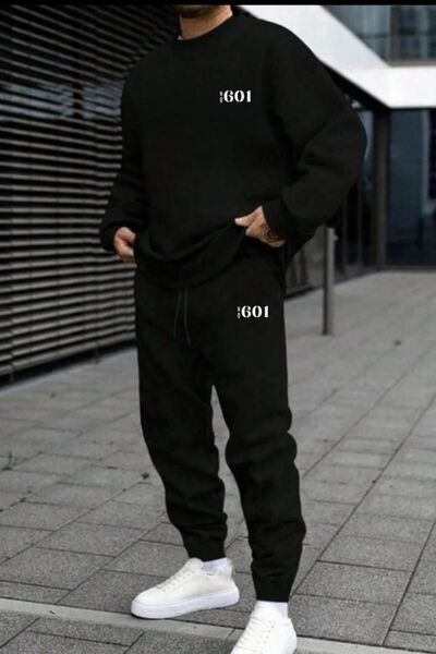 NO 601 Men's Black Crew Neck Sweat Black Sweatpants No601 Printed Set
