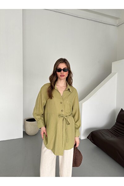 Laluvia Khaki Buttoned Cross-Belted Shirt - 5258