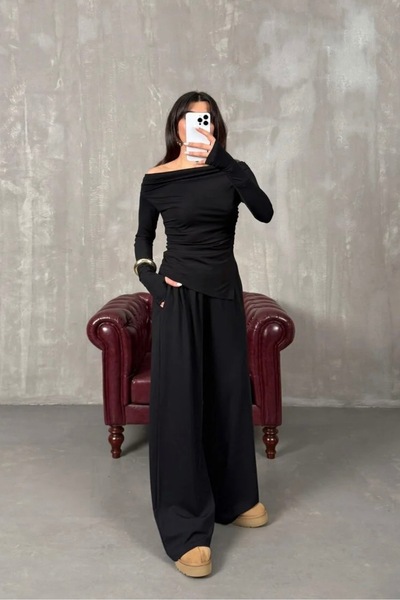 Noi Belis Kayık Yaka Draped Modal Knitted Top and Bottom Set Ss26Au0001