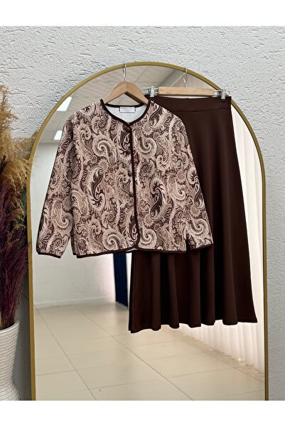 MİHRA STORE Sürhan Jacket Ethnic Patterned Skirted Skuba Set-Mf247 Brown