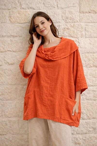 AGORATEKSTİL Women's Flared 100% Cotton Fabric Capri Sleeve Double Pocket Blouse