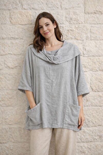 AGORATEKSTİL Women's Flared 100% Cotton Fabric Capri Sleeve Double Pocket Blouse