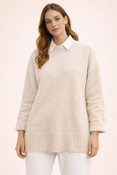 FERHEL Crew Neck Shirt Detailed Knitwear Sweater Oversize Comfortable Fit Dai...