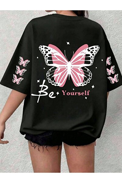 EFFRENATU تي شيرت نسائي مطبوع عليه نص - رقبة دائرية، أكمام قصيرة، كاجوال