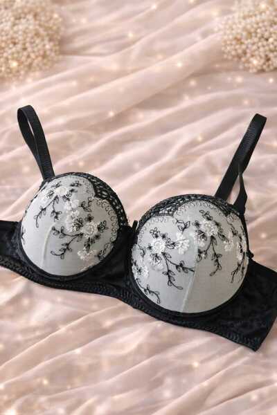 minecidem Kadın Dolgusuz Desteksiz Balenli Baskılı Dantel Brode Tek Sütyen