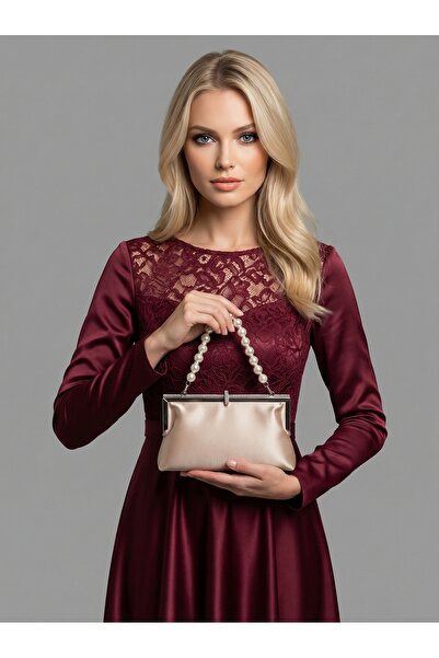 Biçanta Skin Color Satin Soft Leather Metal Stone Pearl Detailed Chain Strap ...