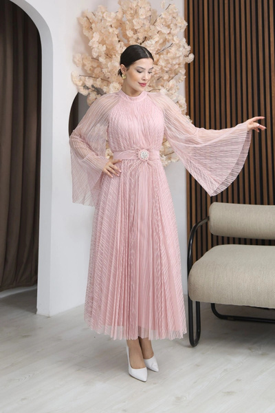 lodmela Pilise Detaylı Kemerli Rahat Form Tül Elbise 2305-Pudra