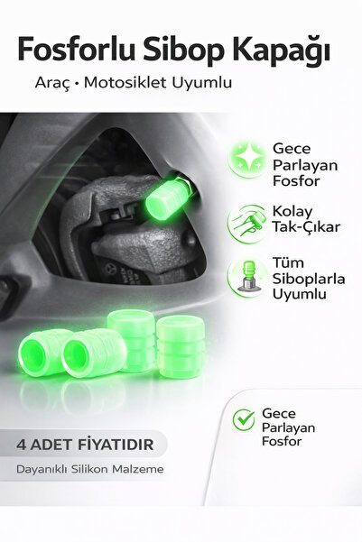 Ecuy Fosforlu Araç Motosiklet Lastik Sibop Kapağı Gece Parlayan Silikon 4 Ade...