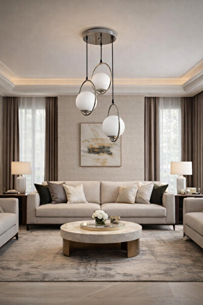 TREND KAFKAS AVİZE– Modern halkalı 3’lü Oval Cam Küre Sarkıt Avize (Krom)