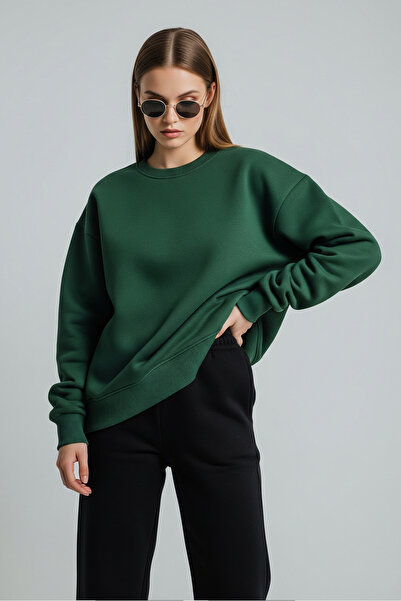 MAXIMILLIAN Women's Oversize Crew Neck Cotton Basic Sweatshirt Dark Green