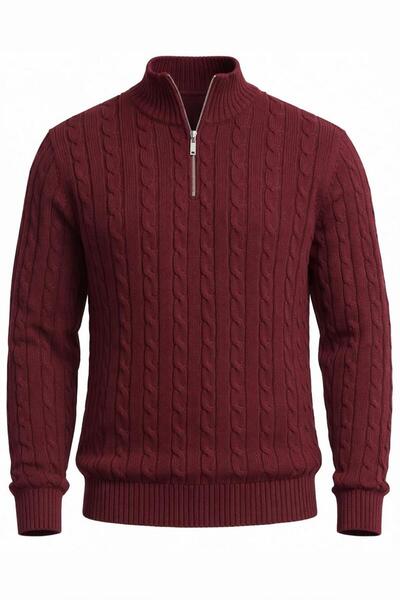 Valiberta Bardem Hair Braided Half Zipper Men's Knitwear Sweater - Claret Red