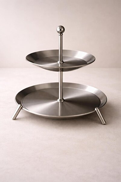 Gaia Concept Paslanmaz Çelik İki Katlı Sunumluk Standlı Gümüş 13,5x17,5 Cm Ay...