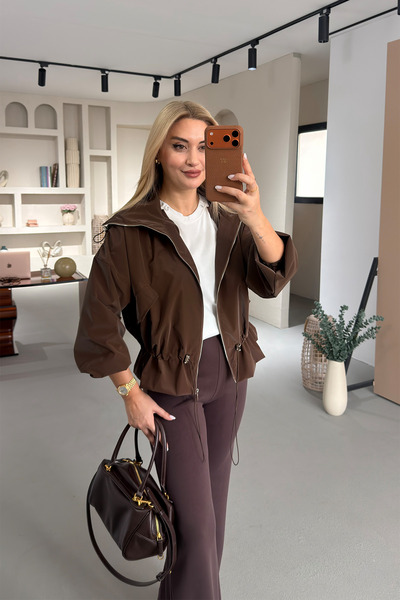 Sezgi Tekin Coffee Coated Hooded Raincoat