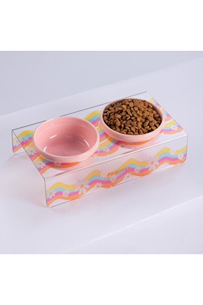 Pawstar Daisy Papatya Desenli-İkili Seramik-Pleksi Mama ve Su Kabı-Kedi Köpek...