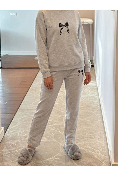 EFFRENATU Livo Gray Pajama Set with Bow Print Long Sleeve Top & Comfortable B...
