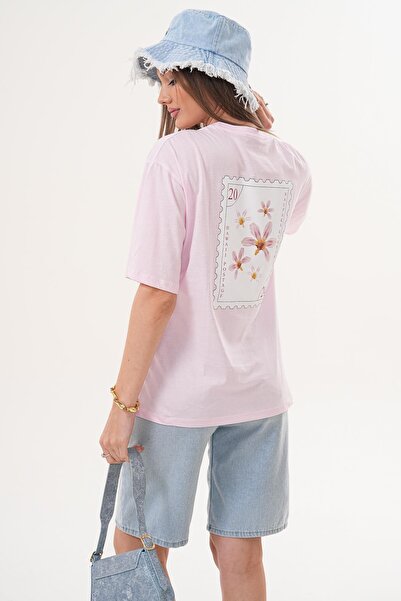 ŞİMAL Tricou oversize cu imprimeu pe spate și decolteu rotund pentru femei 26...