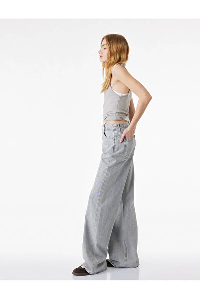 Koton Wide Leg Taş Detaylı Gri Kadın Jean Pantolon 6SAL40006MD