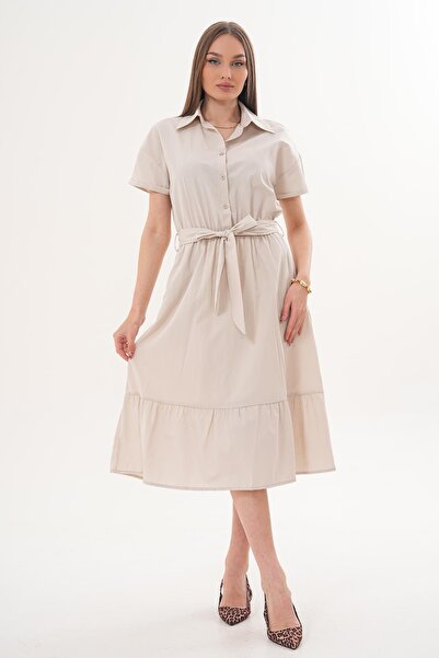 ŞİMAL Rochie lungă de damă cu guler și detaliu elastic în talie 260167 -