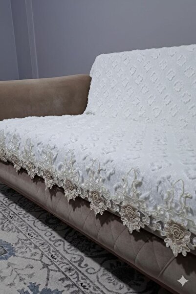 DECORA CASA HOME COLLECTİON Chenille Lace Embroidered Non-Slip Sofa Cover Lux...