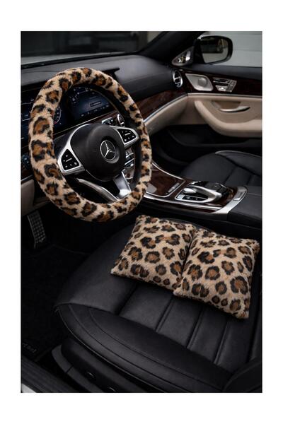 Arabasına Aşıklar Kulubü Leopar peluş Direksiyon kılıfı ve 2 Yastık minder