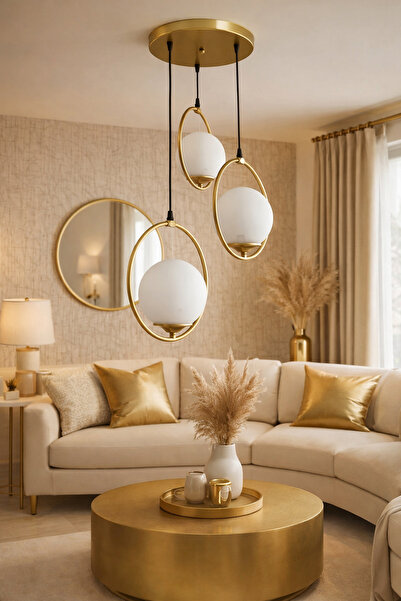 TREND KAFKAS – Aura 3’lü statik Gold Halka Opal Cam Sarkıt Avize