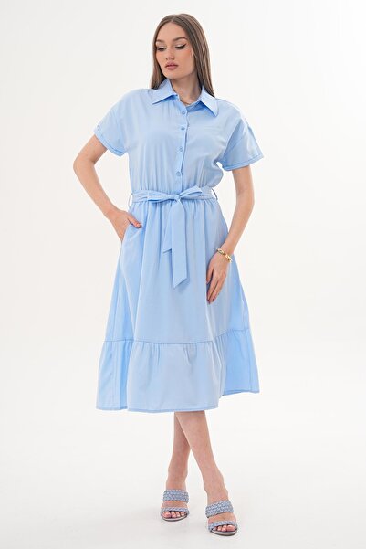 ŞİMAL Rochie lungă de damă cu guler și detaliu elastic în talie 260167 -