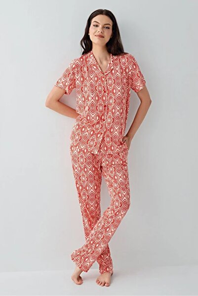 YUYİ Arnetta Modal Cotton Shirt Collar Front Buttoned Short Sleeves Women's P...