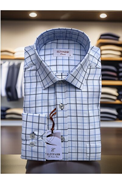 elitpark Lacivert-Mavi Kare Desenli Pamuklu Erkek Gömlek