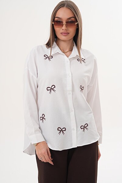 ŞİMAL Cămașă de damă cu mânecă lungă și broderie cu panglică 260199