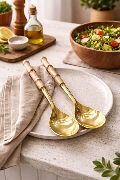 Anadolu Saray 2 ADET Bambu Saplı Gold Salata Servis Kaşığı Lüks ve Rustik Tas...