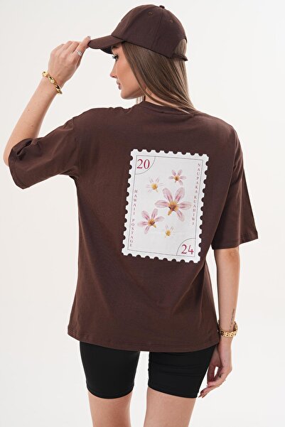 ŞİMAL Tricou oversize cu imprimeu pe spate și decolteu rotund pentru femei 26...