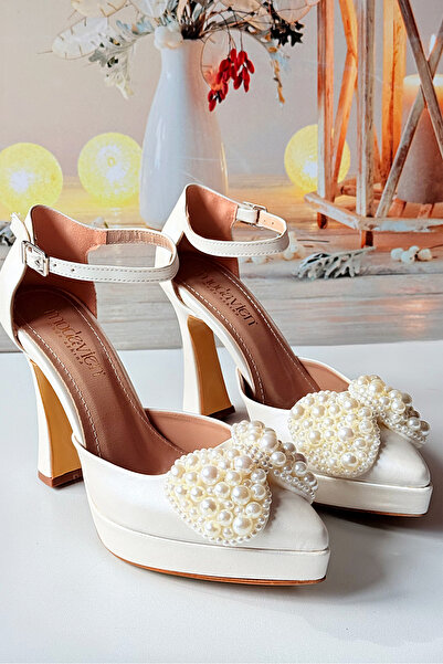 Modavien حذاء زفاف نسائي بمنصة 10 سم وربطة لؤلؤية بيضاء (مقاس كامل)