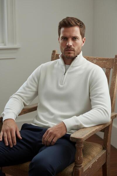WEMSEY Zippered Half Turtleneck 100% Cotton White Knitwear Sweater