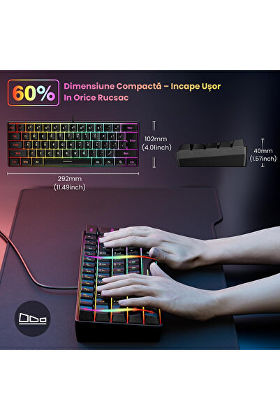 NEOSOR Tastatura Gaming 60%cu Fir, 61 Iluminare RGB, N-Key Rollover,Taste Double-Shot, Functii Multimedia