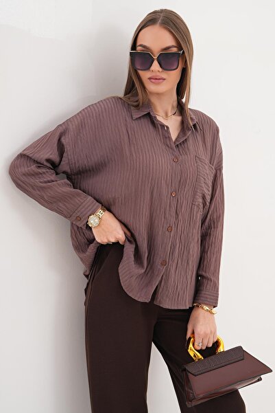 ŞİMAL Cămașă de damă cu mânecă lungă, cu model în dungi și detaliu cu un buzu...