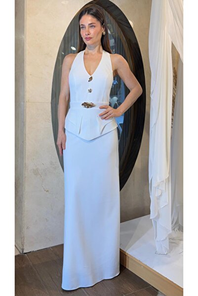 SpringStore Ekru Cepli Halter Yaka Abiye