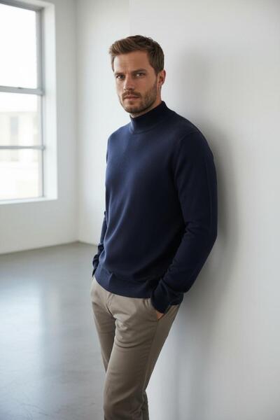 WEMSEY Half Turtleneck Wool Navy Blue Knitwear Sweater