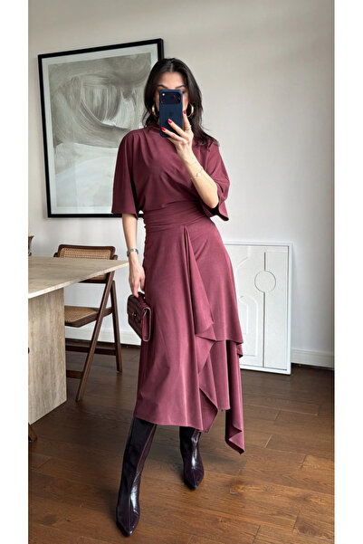 My Blog Burgundy Modal Waist Draped Asymmetrical Skirt Set - 30424